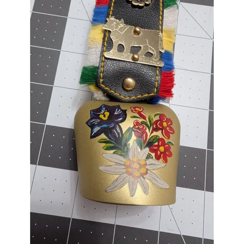 Cow Bell Brass painted wild flowers faux leather‎ colorful cow charm 6 inch